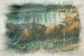 Wetley Moor. Digital watercolor painting of a frozen pond