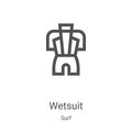 wetsuit icon vector from surf collection. Thin line wetsuit outline icon vector illustration. Linear symbol for use on web and