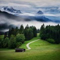 Wetterstein mountain during autumn day with evening fog, Bavarian Alps, Bavaria, Germany.