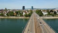 Wettstein Bridge over River Rhine in the city of Basel in Switzerland from above - aerial view