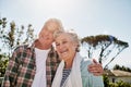 Weve kept the love alive. a happy senior couple relaxing together outdoors. Royalty Free Stock Photo