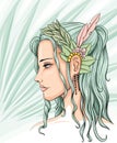 beautiful woman with da headpiece of leaves and feathers