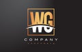 WG W G Golden Letter Logo Design with Gold Square and Swoosh.