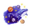 Whale animal in night sky with stars, planets. Watercolor space design, fantasy illustration for decorative universe