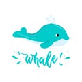 Whale blue cute with water splash. Icon isolated. Vector illustration. For logo of kids club, shcool, preshcool Royalty Free Stock Photo