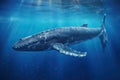 Whale in the blue sea. Underwater scene. 3d rendering, Humpback whale swimming in deep blue ocean. Underwater photography, AI Royalty Free Stock Photo