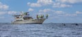 Whale and the boat with tourists on Kamchatka peninsula Royalty Free Stock Photo