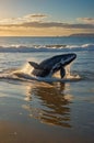 Humpback Whale Breaching in the Ocean Surf at Sunrise, a Majestic Moment in Nature Royalty Free Stock Photo