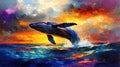 Whale breaching ocean sunset vibrant art Royalty Free Stock Photo
