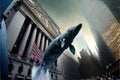 Whale breaching outside wall street in new york city illustration generative ai Royalty Free Stock Photo