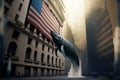 Whale breaching outside wall street in new york city illustration generative ai Royalty Free Stock Photo