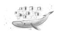 Whale and container computer docker developer app concept. Business digital open source program. Data coding steering 3D