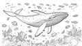 Whale and Fish in Coral Reef Underwater Scene - Line Art Royalty Free Stock Photo