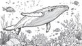 Whale and Fish in Tropical Ocean Underwater Scene, Black and White Drawing Royalty Free Stock Photo
