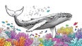 Humpback Whale Swimming Above Vibrant Coral Reef with Small Fish, Monochrome and Color Royalty Free Stock Photo