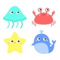 Whale Crab Jellyfish Starfish toy icon set. Big eyes. Yellow star. Cute cartoon kawaii funny baby character. Sea ocean animal Royalty Free Stock Photo