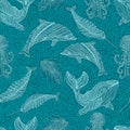 Whale dolphin octopus narwhal and fish ornamental colorful waves fantasy sea seamless pattern, cyan outline color, isolated on