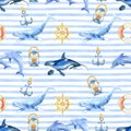 Whale, dolphin, orca watercolor hand painted seamless pattern.