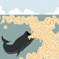 Whale eating Bitcoin, metaphor for big money Bitcoin players that can control Bitcoin price