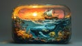Whale encounter with sailing ship ocean depths digital artwork underwater scene vivid colors marine life exploration