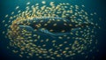 Whale whale feeding on school of fish in blue ocean 3d illustration Royalty Free Stock Photo