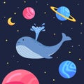 whale fly at space swim observe planet cosmic astronomy imagination dream whimsical children illustration