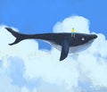 Whale flying in the clouds, fantasy illustration