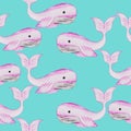 whale girl and boy pink and turquoise big fish lives and swims in the sea and ocean Royalty Free Stock Photo