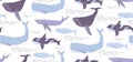 Whale hand drawn seamless pattern in flat style Royalty Free Stock Photo