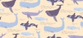 Whale hand drawn seamless pattern in flat style. Royalty Free Stock Photo