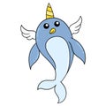 A whale with horns and wings that can fly into space, doodle icon image kawaii