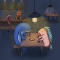 Whale and horse have dinner in the bar