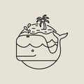 Whale icon in flat line art with tropical island