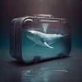 Whale inside a suitcase on a dark background. Generative AI