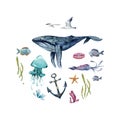 Whale, jellyfish, fishes and others elements of the underwater world in a round frame