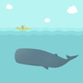 Whale and Kayak isolated on Blue sea background. Kayaking with Sperm Whale Physeter macrocephalus. Submarine and Boats vector Royalty Free Stock Photo