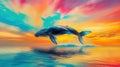 Whale leaping sunset ocean vibrant sky artwork Royalty Free Stock Photo