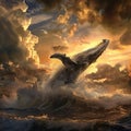 Whale leaping sunset ocean waves dramatic sky Royalty Free Stock Photo
