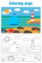 Whale and lighthouse in cartoon style, summer coloring page, education paper game for the development of children, kids preschool