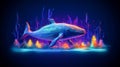 Whale with Neon Glow in Low Poly Style. Geometric Watercolor Ocean And Sea. Generative AI