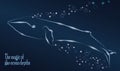 Whale on night deep blue background. Bubbles and glowing lines. Vector Royalty Free Stock Photo