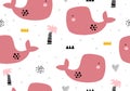 Whale pattern , seamless background with jungle illustartion