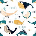 Whale pattern. Seamless print with cartoon ocean swimming characters. Adorable water wild animals and sea waves Royalty Free Stock Photo