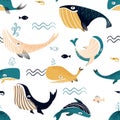 Whale pattern. Seamless print with cartoon ocean swimming characters. Adorable water wild animals and sea waves. Humpbacks and Royalty Free Stock Photo