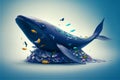 Whale on pile of garbage. Ocean plastic pollution concept. Generative AI