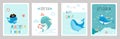 Whale printable cards. Positive simple posters with flat underwater characters. Marine animals, aquatic whales and Royalty Free Stock Photo