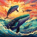 Whale's Journey: Mighty cetaceans gracefully navigating the vast blue expanse Royalty Free Stock Photo