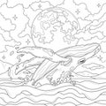Whale in the sea and full moon.Coloring book antistress for children and adults.