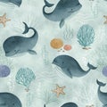 Whale seamless pattern Underwater world watercolor repeated background Cartoon whales seaweed urchin shells sea stars childish