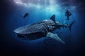 Whale shark and diver in deep blue ocean. 3D rendering, giant Whale shark swimming underwater with scuba divers, AI Generated Royalty Free Stock Photo